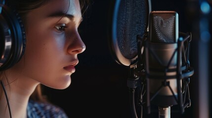 Young woman recording vocals in a professional music studio. She is focused and wearing headphones. The image captures artistic dedication and concentration in a modern recording environment. AI