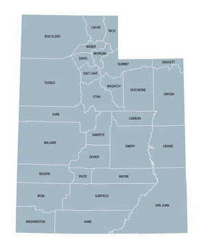 Utah, U.S. state subdivided into 29 counties, gray political map with borders and county names. State in the Mountain West region of Western USA. Nicknamed Beehive State, Mormon State, and Deseret.