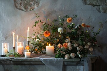 Zen living room.Traditional Japanese bedroom.Tatami mat.Japanese living room.A solemn memorial setting with candles and flowers arranged on a simple table, with a soft, respectful background