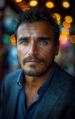 Fototapeta premium A man with a beard and a mustache is wearing a suit and smiling. He looks confident and well-dressed