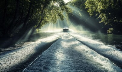 Obraz premium Sunlit River with Rippling Waters and Speedboat’s Wake. Generative AI