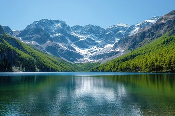 Fototapeta premium Snow capped mounatin peaks alpine forest UHD wallpaper