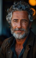 Obraz premium A man with a beard and gray hair is smiling. He is wearing a brown jacket and a black shirt