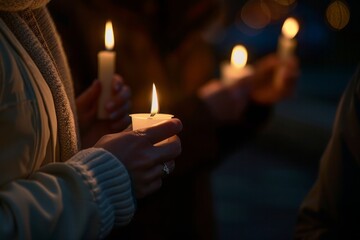 Slavery Remembrance Day.August 23rd.Freedom Day.End of slavery.A candlelight vigil scene with participants holding candles and standing in quiet reflection, with a dim, respectful ambiance