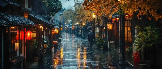 Rainy evening in the city. Blurry figures of people walking. Shiny raindrops on the street. Multi-colored city lights in the background. Creative evening lights and blurred shadows