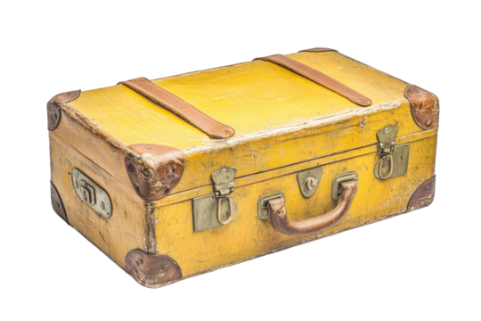 Vintage yellow suitcase with brown leather straps, perfect for travel or decorative use, highlighting classic style and charm.