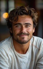 Fototapeta premium A man with a beard and a smile is wearing a white shirt. He is smiling and looking at the camera