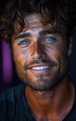 Fototapeta premium A man with a beard and blue eyes is smiling. He is wearing a black shirt. Concept of happiness and warmth