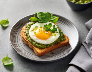 healthy toast with fried egg pesto sauce and green herbs served  on white ceramic plate on gray table 
