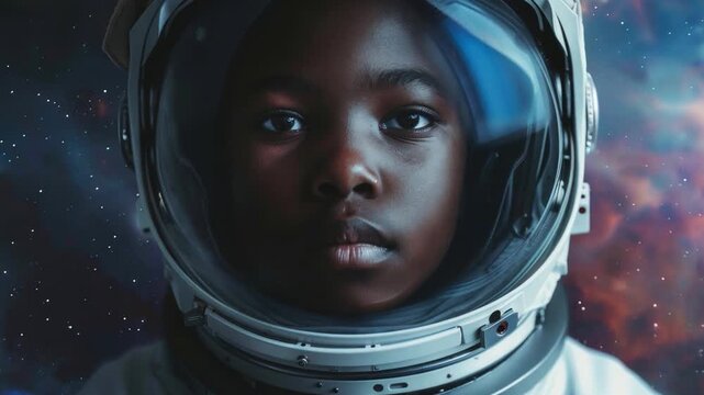 Black boy in a space suit looks thoughtfully into the cosmos, surrounded by a starry background that inspires wonder and curiosity about space exploration