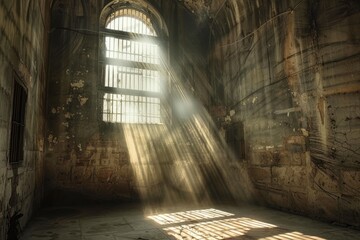 Freedom Day.Slavery Remembrance Day.August 23rd.A conceptual art piece featuring a large, empty, historic prison cell with rays of light breaking through