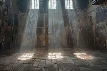 A conceptual art piece featuring a large, empty, historic prison cell with rays of light breaking through,.Freedom Day.Slavery Remembrance Day.August 23rd.