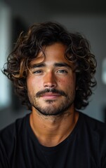 Fototapeta premium A man with a beard and curly hair is smiling at the camera. He is wearing a black shirt and he is in a relaxed mood