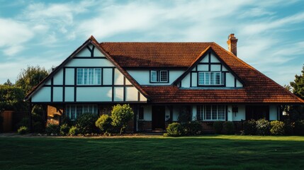 Fototapeta premium A white suburban home with a brick chimney and red tile roof sits on a green grassy lawn, with the sun shining from behind the house.