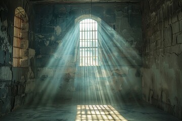 Slavery Remembrance Day.August 23rd.Freedom Day.A conceptual art piece featuring a large, empty, historic prison cell with rays of light breaking through.