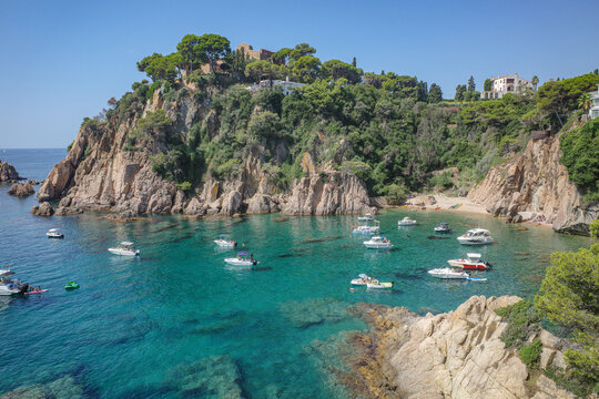 Blanes, Spain - 10 Aug, 2024: Views over Cala Forcanera from the Marimurta Botanical Gardens, Costa Brava, Catalonia
