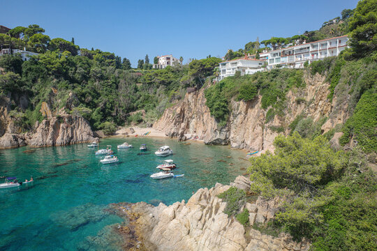 Blanes, Spain - 10 Aug, 2024: Views over Cala Forcanera from the Marimurta Botanical Gardens, Costa Brava, Catalonia