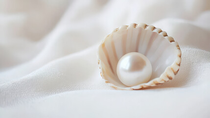 Shell with pearl resting on soft white fabric