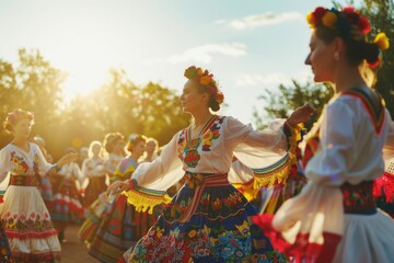 A heartfelt photograph of people in traditional Ukrainian clothing participating in a cultural dance during Independence Day celebrations.Flag of Ukraine.Ukraine Independence Day.August 24th.