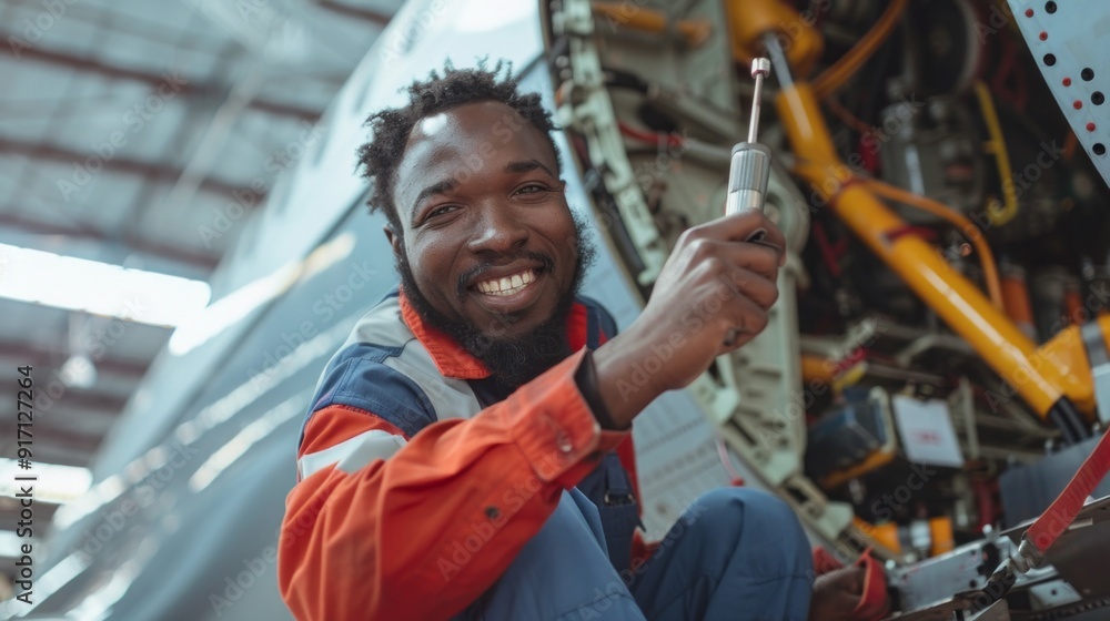Poster a man with a beard is smiling while holding a tool