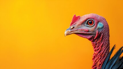 Close-up portrait of a turkey's head with a bright orange background.