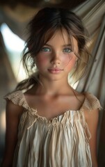 Fototapeta premium A young girl with blue eyes and a pale skin tone is wearing a white dress. She has a light blue eye shadow and a pink lip color