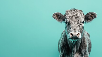 Close-up portrait of a grey and white cow with a curious expression against a turquoise background.