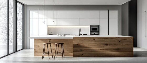 White and wooden kitchen interior with island