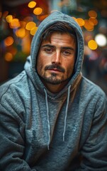 A man wearing a hoodie is sitting in front of a blurry background. He has a beard and a mustache