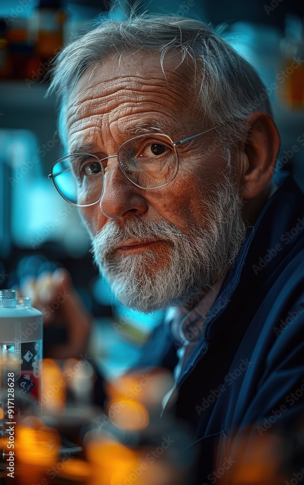 Poster a man with glasses and a beard is sitting in front of a table with a bottle on it