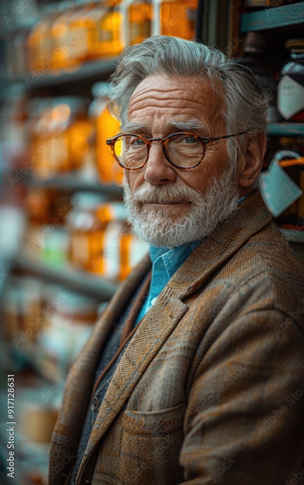 Poster a man with glasses and a beard stands in front of a shelf of jars. he looks tired and is wearing a b