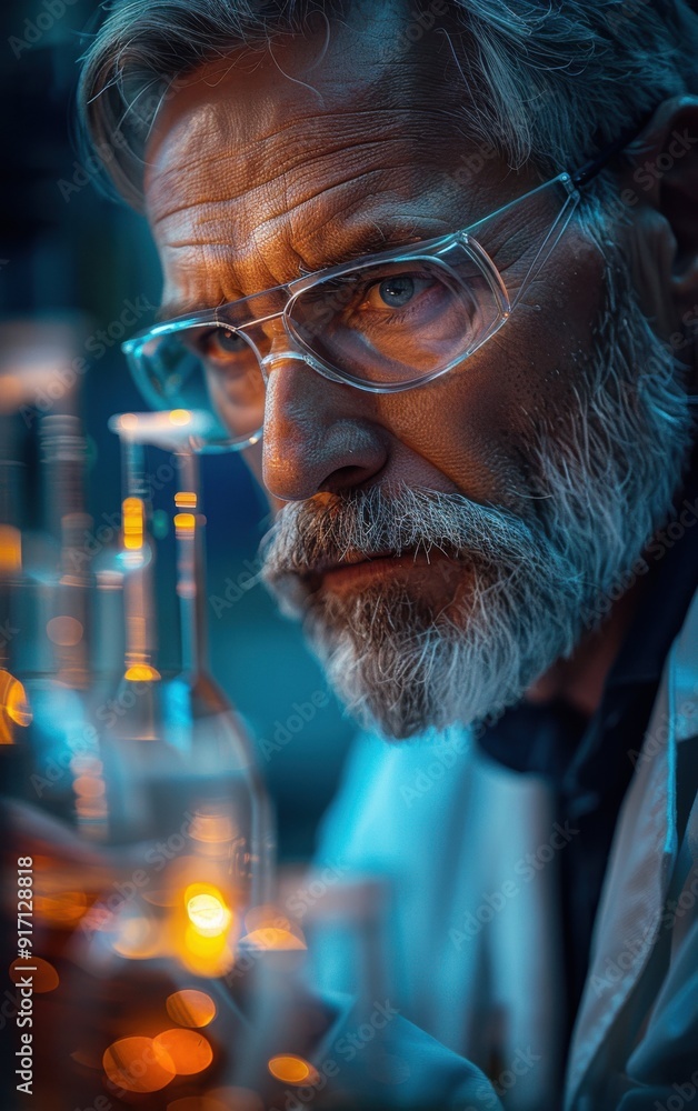 Poster a man with glasses is looking at a bunch of bottles. the bottles are in a lab setting and the man is