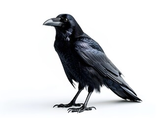 Fototapeta premium A black raven stands proudly against a white background showcasing its glossy feathers and sharp beak