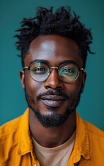 Obraz premium A man with a beard and glasses is wearing a yellow shirt. He has a serious expression on his face