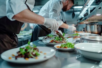 Chef Arranging a Plate of Food in a Commercial Kitchen