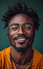Obraz premium A man with a beard and glasses is smiling. He is wearing an orange sweater and a necklace
