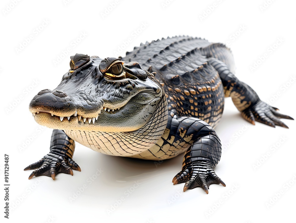 Poster close-up of a young alligator resting on a smooth surface in a well-lit environment