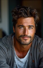 A man with a beard and blue eyes is smiling. He is wearing a grey shirt and a white shirt
