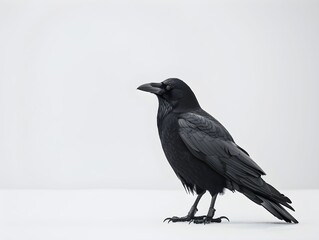 Obraz premium A raven stands on a white surface with a minimalist background