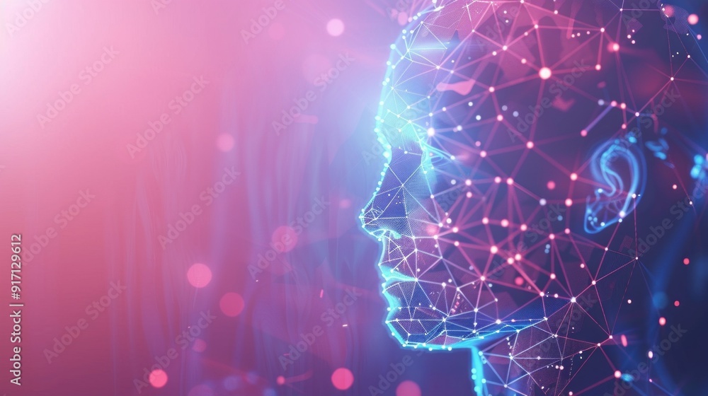 Poster A computer generated image of a face with a blue and pink background