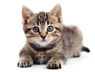 Fototapeta premium Playful tabby kitten resting on a white surface, showcasing curious expression and fluffy fur