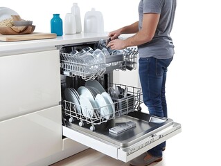 Man loading clean dishes into a modern dishwasher in a bright, contemporary kitchen during the day