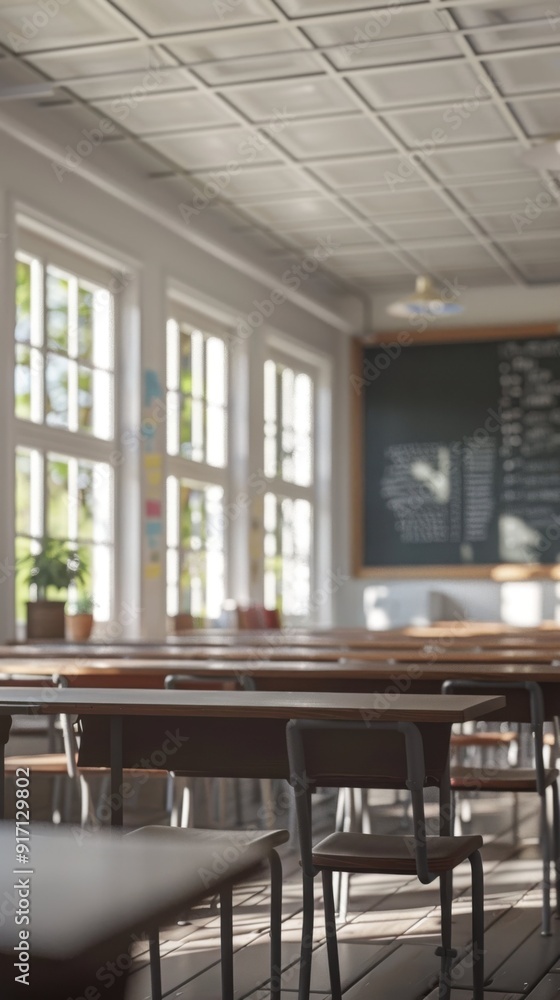 Poster a classroom with a chalkboard and a window. the room is empty and the chalkboard is covered in writi
