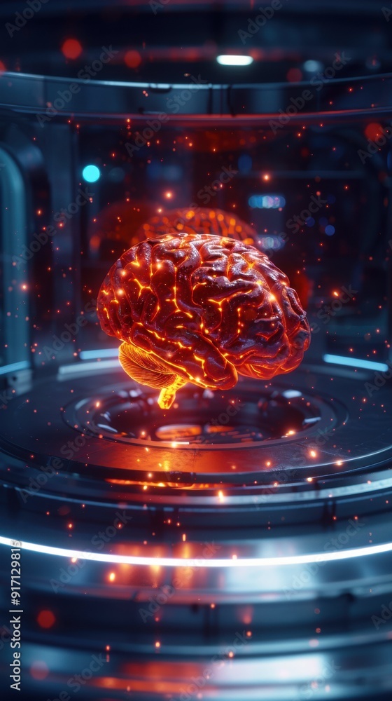 Poster a brain is lit up with bright red sparks. the brain is surrounded by a metal frame and is glowing wi