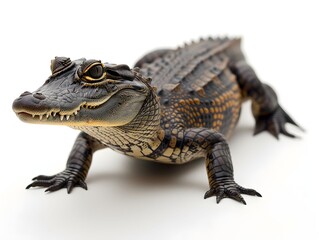 Fototapeta premium A young caiman resting calmly on a white surface indoors in bright natural light
