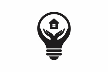 a flat vector logo of a light bulb with a house