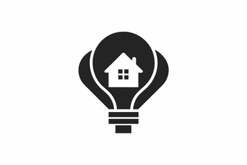 a flat vector logo of a light bulb with a house