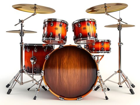 A vibrant drum set featuring warm wood tones and chrome hardware on a white background