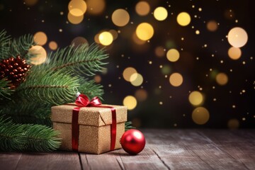 Obraz premium Light background for Christmas background decoration with gift boxes and pine branches on the dark background of bokeh garlands AI generated