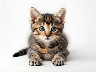 Obraz premium A playful tabby kitten with striking green eyes resting on a white surface in a bright indoor setting